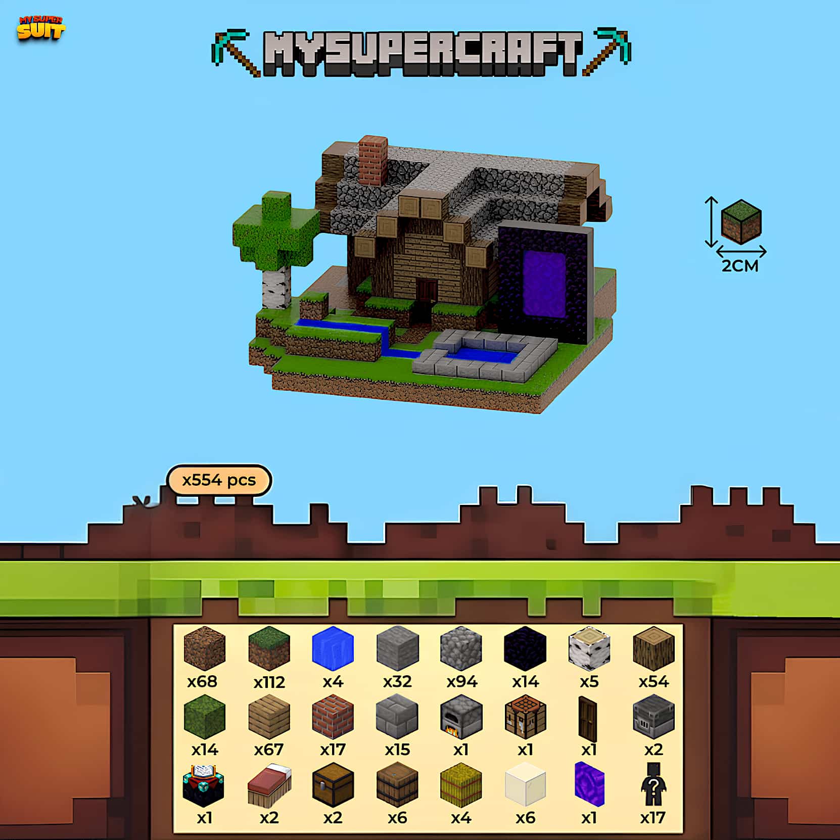 Une maison d'aventurier faite de blocs, avec un arbre, une piscine et un portail de l'Ender dans le jardin