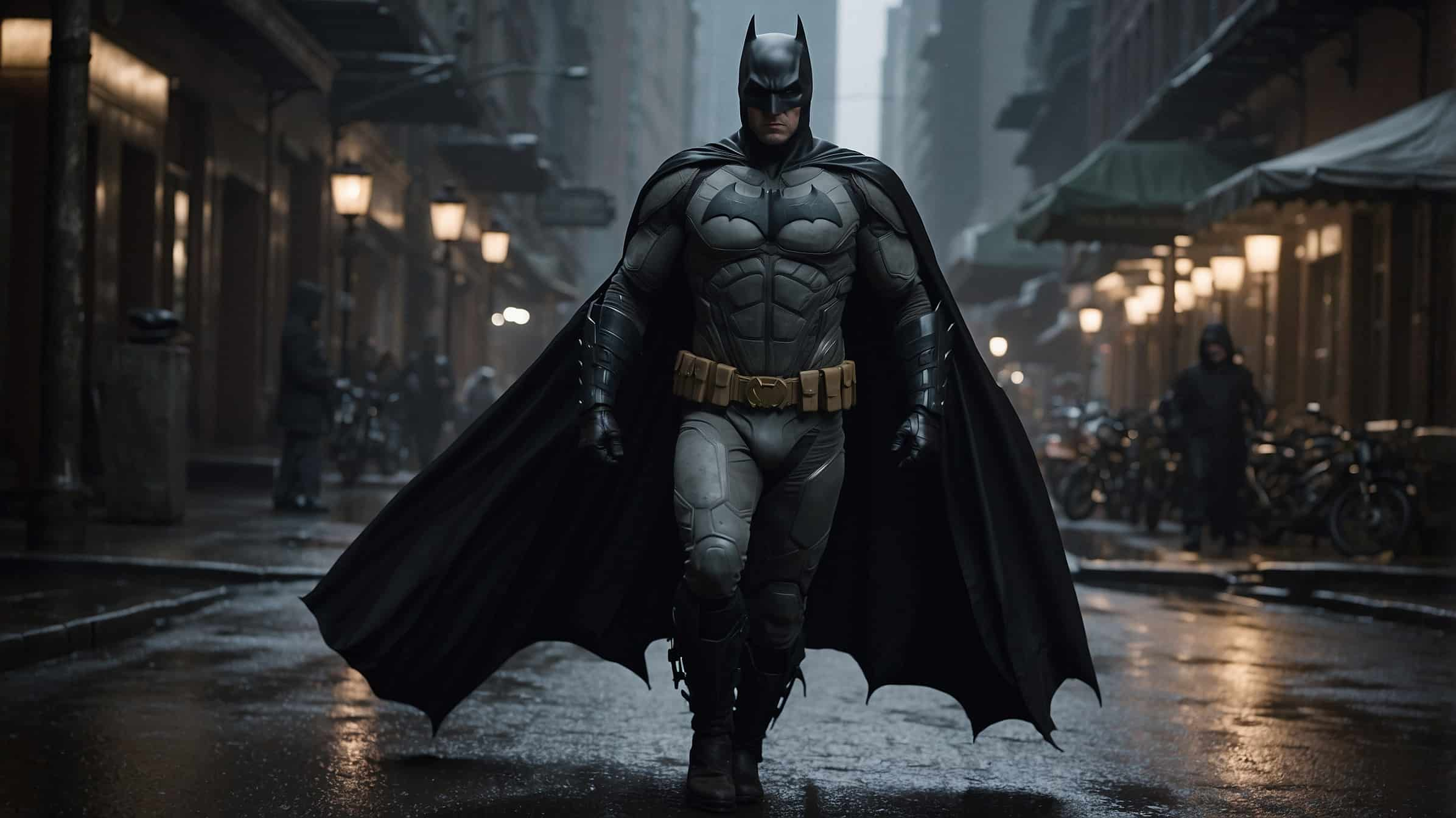 Batman marche dans la rue de Gotham City