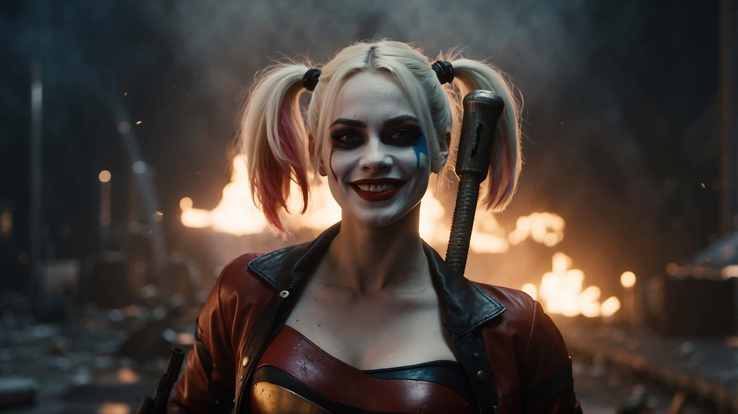 Harley Quinn sourit avec un marteau