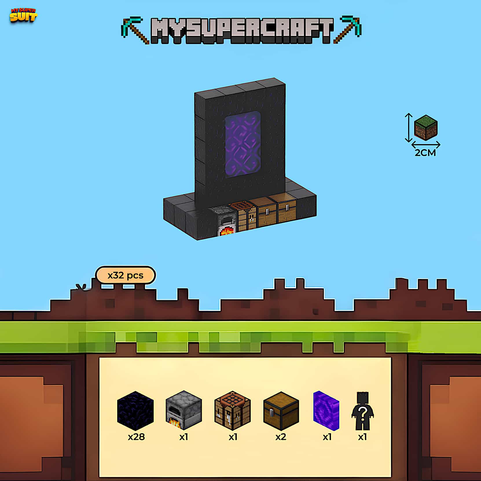 Le portail du Nether en obsidiennes, avec un four, un établi et deux coffres