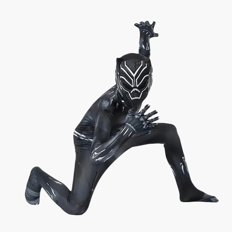 Costume du Héros Black Panther qui fait une pose au sol