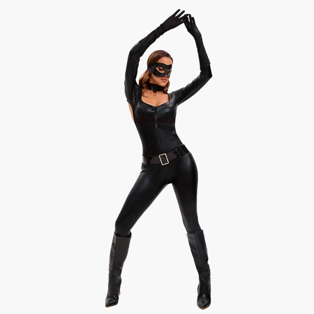 Costume de Catwoman pour adulte qui fait une pose avec un déhanché