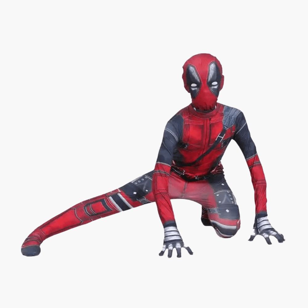 Costume de Deadpool enfant qui fait une pose au sol