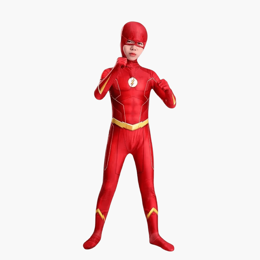 Costume de Flash enfant avec une pose de boxeur