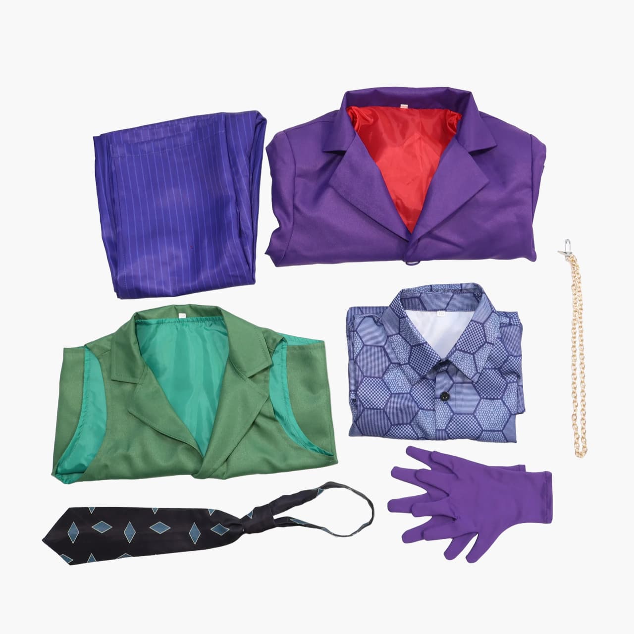 Liste de tous les accessoires du costume Joker pour enfant, avec la cravate, le pantalon et la chaîne