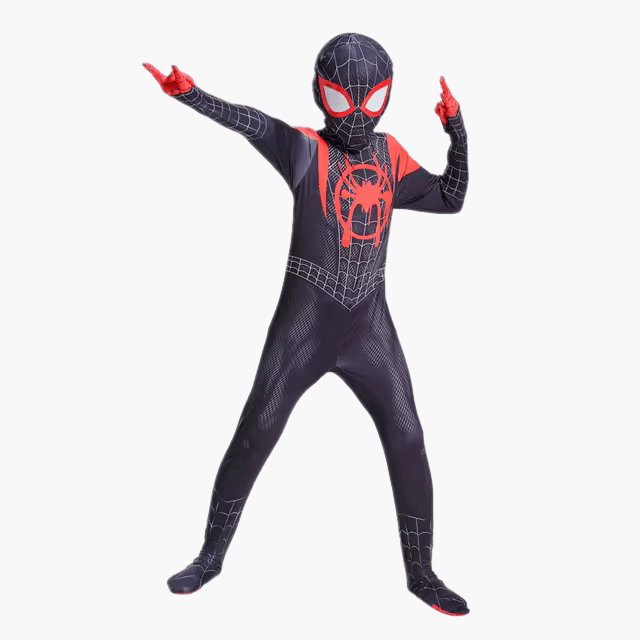 Costume de Spiderman Miles Morales pour enfant qui fait des gestes de tir de toiles de la main